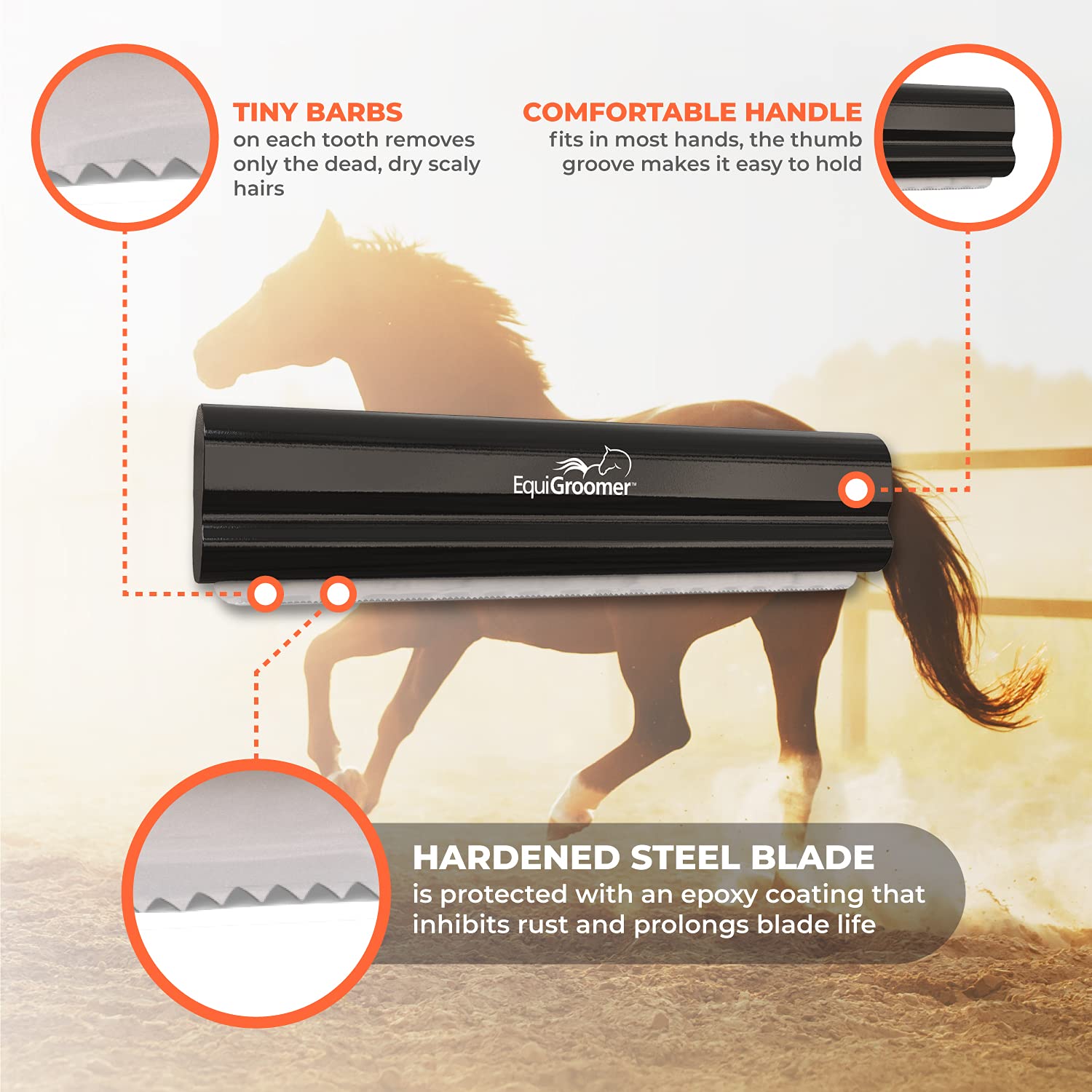 EquiGroomer Deshedding Brush, 8-Inch for Horses and Large Pets, Black, Removes Loose Dirt, Hair, and Fur, Professional Undercoat